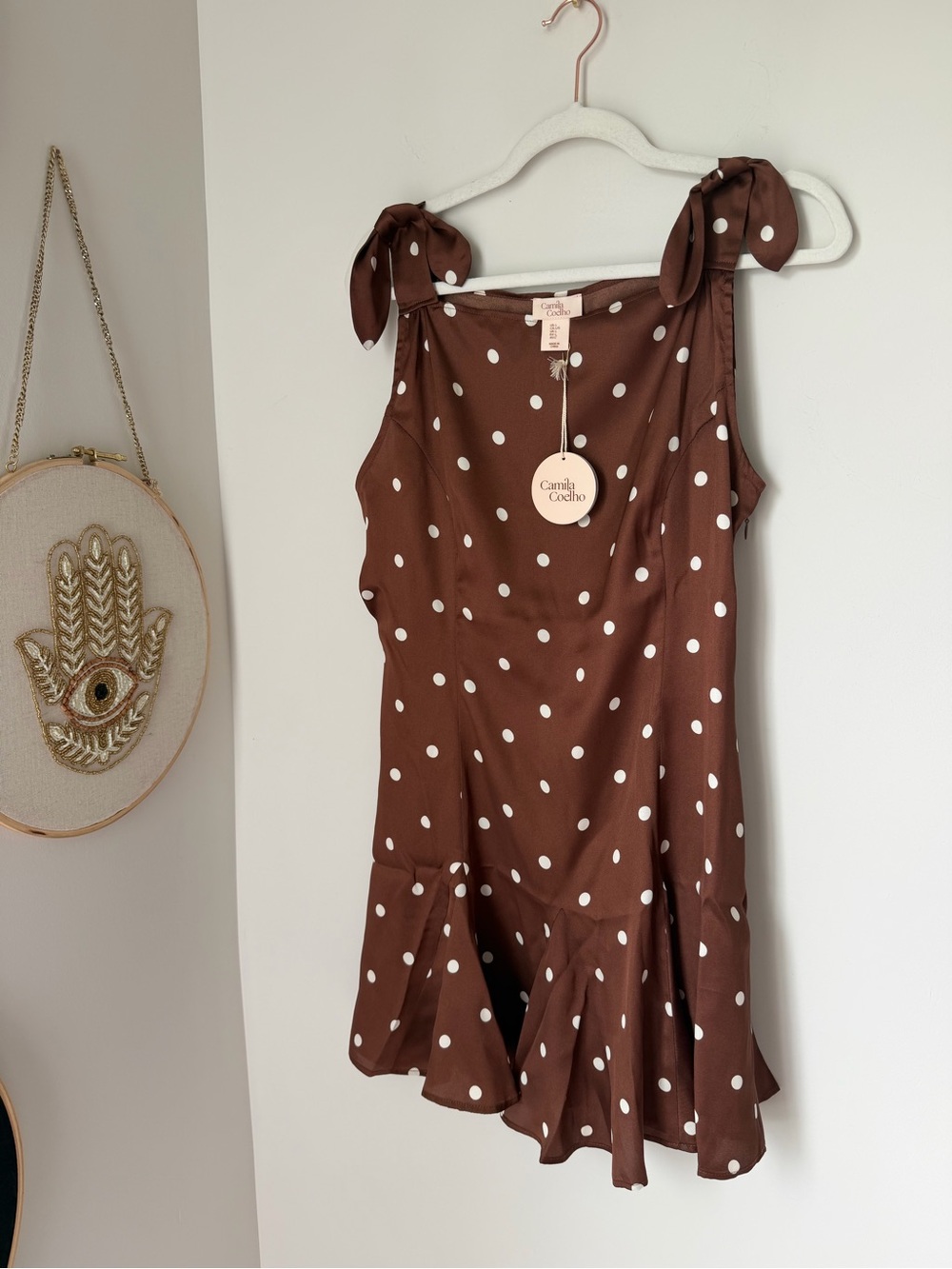 Camila Coelho Brown and White Polka Dot Mini Dress with Tie-Shoulder